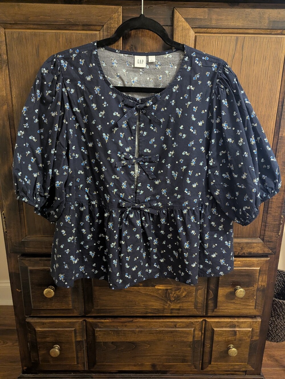 GAP Blue Floral Bow-Front Peasant Blouse